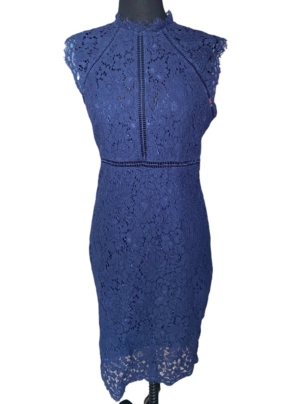 Bardot navy blue lace panel cap sleeve sheath cocktail dress size medium